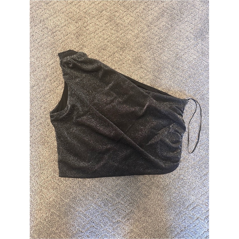 HM Womens Black Silver Metallic Shimmer One Shoulder Crop Top Size M